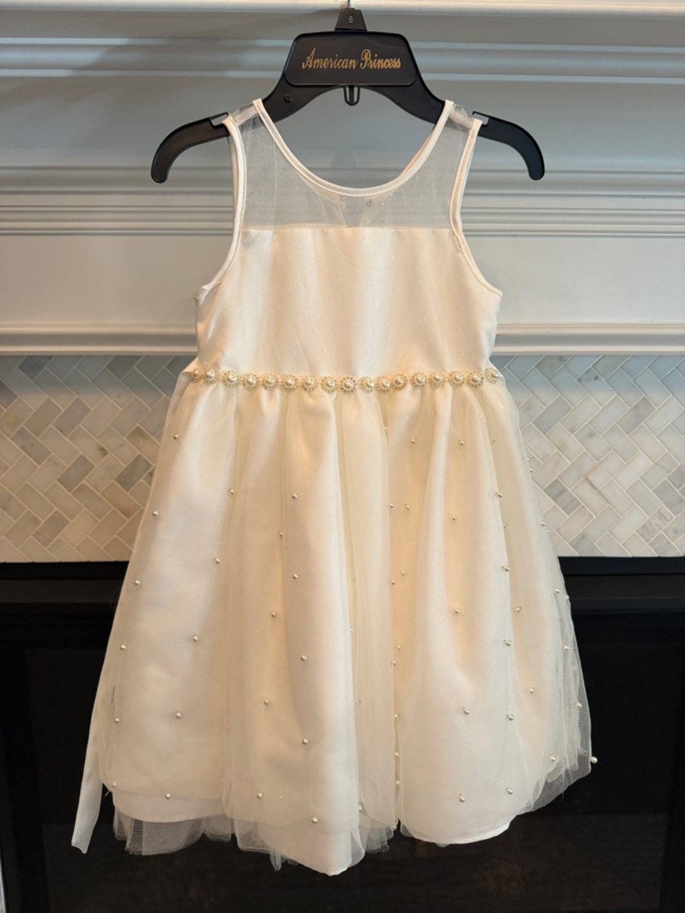 American Princess Ivory Pearl & Floral Waist Tulle Dress